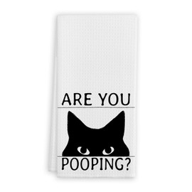 QIYUHOY Black Cat Kitchen Towels and Dishcloths,are You Pooping? Cat Themed Funny Gifts for Cat Lovers,Hand Towels for Kitchen,24x16 Inch (White)