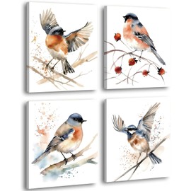 Framed Watercolor Bird Wall Art Set of 4, Winter Birds Collection, 8x10 inches Abstract Nature Canvas Prints for Bedroom Home Decoration, Gallery Wall Decor