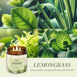 Lemongrass Scented Candle | 3-Wick Jar Candle - 12oz Natural Soy Wax - Citronella Scent for Indoor Outdoor Use, Long Lasting Aromatherapy Gifts for Relaxation, 50+ Hour Burn