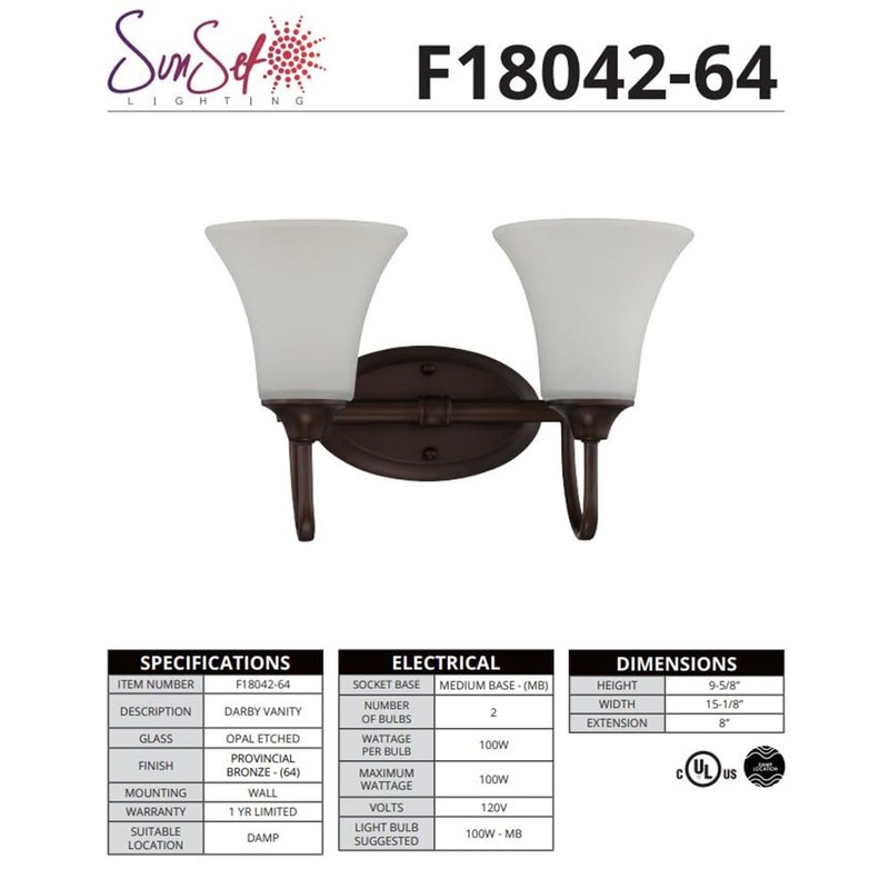 SUNSET Lighting 2-Light 100W Medium Base Darby Vanity Provincial Bronze