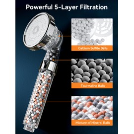 Magichome Filter Shower Head with 5-Layer Filtration, 3 Modes Powerful Shower Head, Limescale Universal Shower Head Filter with Extra Replacement Beads