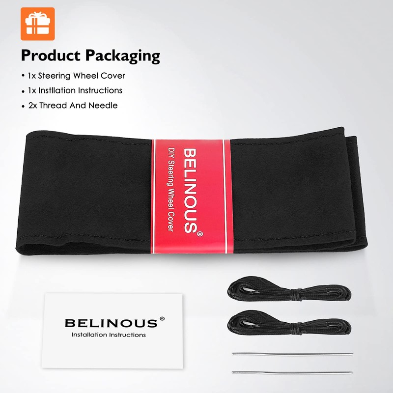 BELINOUS Suede Steering Wheel Leather Wrap (Size M5, Black)