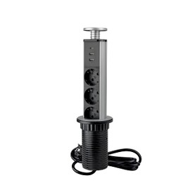 Emuca - Retractable Power Strip Quick Charge, 3 EU Schucko Sockets, 2 USB A + 1 USB C, Retractable Recessed Socket, Metallic Grey, Plastic, Aluminium