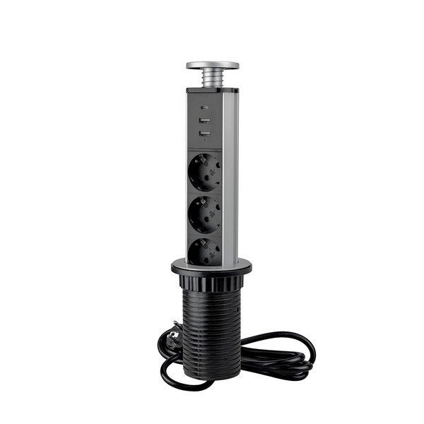 Emuca - Retractable Power Strip Quick Charge, 3 EU Schucko