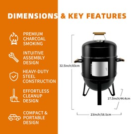 Realcook BBQ Charcoal Smoker Grill: Heavy Duty 17 Inch Vertical Meat Smokers - Porcelain-Enameled Charcoal Grill Smoker Combo for Outdoor Cooking Backyard Picnic Party Grilling