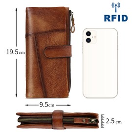 LETEULO Women's RFID Leather Large Purse with Zip, brown, Retro