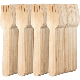 100Pcs Disposable Wooden Forks - 15.5cm Eco-Friendly Birchwood Utensils Biodegradable Compostable Wood Cutlery