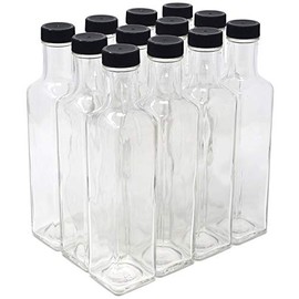 nicebottles Clear Glass Quadra Bottles, 250ml, Black Caps (8.5 Fl Oz) - Case of 12