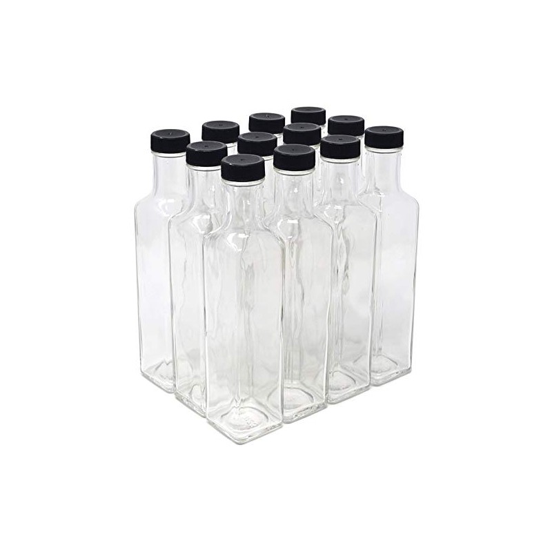 nicebottles Clear Glass Quadra Bottles, 250ml, Black Caps (8.5 Fl