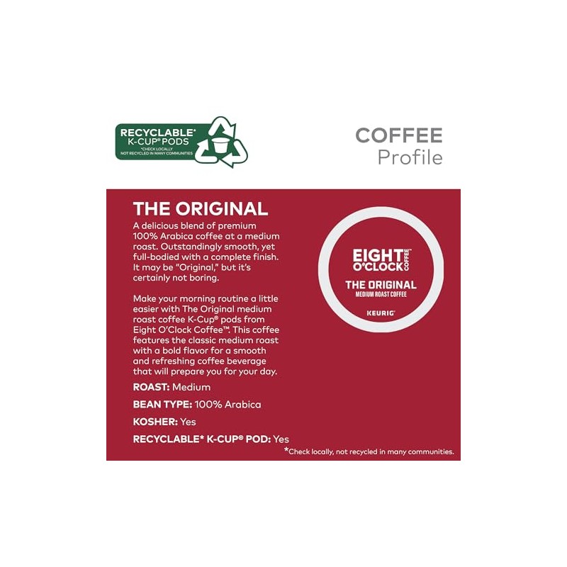 Eight O'Clock Coffee The Original, Single-Serve Keurig K-Cup Pods, Medium