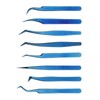 8pcs Eyelash Tweezers Stainless Steel Fine Tip Ergonomic Blue Titanium