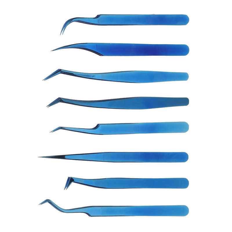 8pcs Eyelash Tweezers Stainless Steel Fine Tip Ergonomic Blue Titanium
