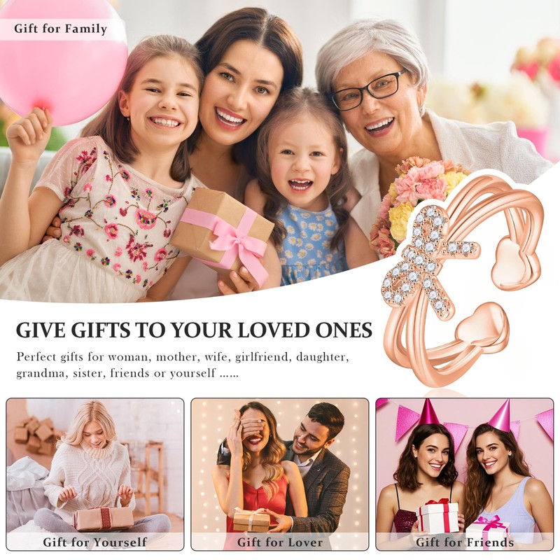 LUXEJEW Rose Gold Bow Heart Stackable Rings for Women -