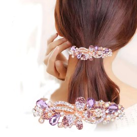 Rhinestone Flower French Hair Barrettes for Women - Sparkly Crystal Bridal Hair Clips for Wedding Prom