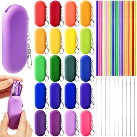 Irenare 20 Sets Silicone Straws with Case Reusable Collapsible Foldable Travel Portable Straw Cold or Hot Drinking with Carry Case, Long Cleaning Brush and Keychain (Rainbow)