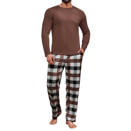 Runcati Mens 2 Piece Pajama Set Plaid Sleepwear PJ Relaxed Fit Stretch Lounge Nightwear Sets Coffee