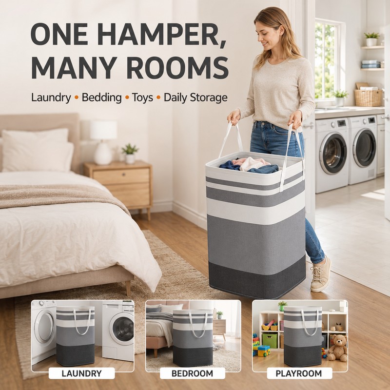 Large Foldable Waterproof Laundry Hamper with Extended Handles, Freestanding Canvas