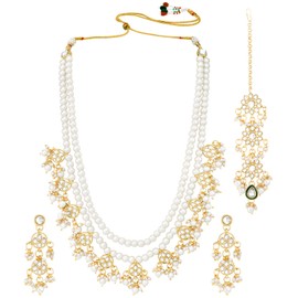 Aheli White Beads Studded Long Necklace Earrings and Maangtikka Set Ethnic Traditional Jewelry for Women