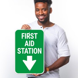 First Aid Station with Down Arrow Sign, 12x18 Inches, 55 mil Thick HDPS (high Density polystyrene), Made in USA