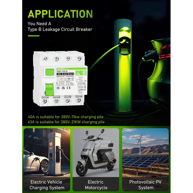 DIHOOL RCD Type B FI Circuit Breaker 40A 30mA 4-Pin