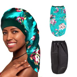 KAYEF 2 Pieces Long Satin Hair Hat, Girls Silk Hat Women, Satin Hair Hat, Silk Sleep Cap, Sleep Cap for Sleeping, Makeup, Bathing etc (Green), Green