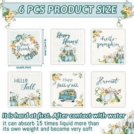 6PC Fall Swedish Dishcloths Thanksgiving Pumpkins Kitchen Dish Towels Set Blue Pumpkin Truck Kitchen Dishcloth Hello Autumn Hand Towels Happy Harvest Kitchen Give Thank Reusable Bathroom Decoration