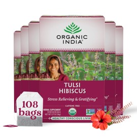 Organic India Tulsi Hibiscus Tea Bags - Holy Basil Herbal Tea, Stress Relieving, Immune Support, USDA Organic, Calming, Caffeine Free- 18 Bags, 6 Pack
