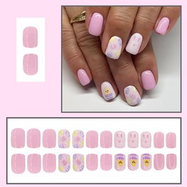 24Pcs Easter Press on Nails Short Square Fake Nails Easter Eggs Chicks Design Cute Artificial Stick on Nails Bunny False Nails Pink Glue on Nails Glossy Spring Acrylic Nails for Women Girls Manicure