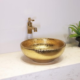 Bathroom Vessel Sink Gold Painted Round Above Counter Basin for Bar Ceramic Vanity Bowl and Cloakroom with Hand Carved Craft