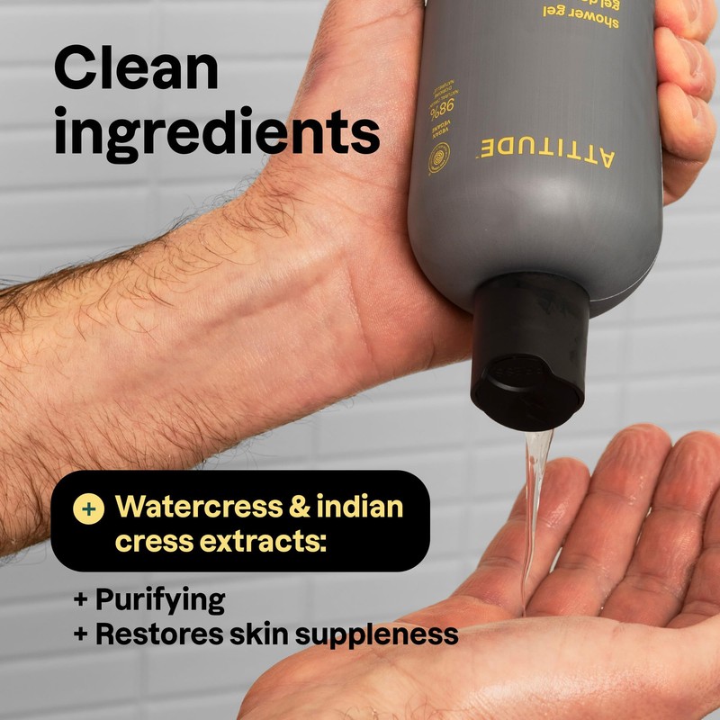 ATTITUDE Shower Gel Body Wash for Men, 98% Natural Origin