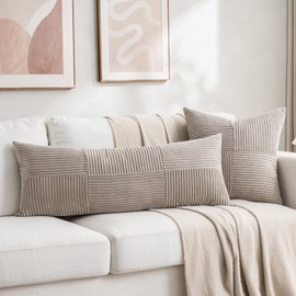 Fancy Homi Set of 1 Neutral Taupe Boho Long Lumbar Body Decorative Throw Pillow Cover 14x36 Inch for Bed Couch Bedroom Bench, Soft Patchwork Corduroy Textured Pillow Case, Farmhouse Room Decor
