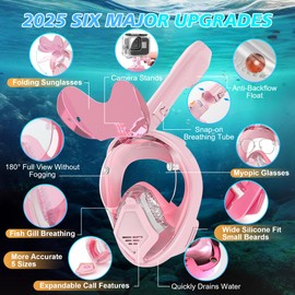 Xyuee Devilfish Full Face Snorkel Mask Kids Pink XS, Dry Top System Snorkeling Gear with Foldable Sunglasses, 180 Degree Panoramic View Snorkel Set, Scuba Diving Masks Anti-Leak & Anti-Fog