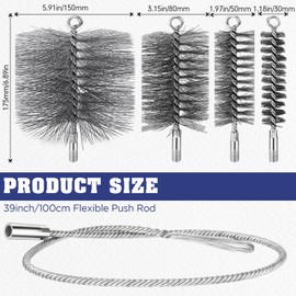 Nuenen Fireplace Cleaning Set, Stove Pipe Brush Made of Steel Wire + 1 m Flexible Push Rod, Boiler Brush, Chimney Brush, Brush for Fireplace Cleaning - Fireplace Brush of 30 mm, 50 mm, 80 mm, 150 mm