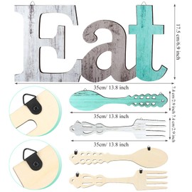 Set of EAT Sign, Fork and Spoon Wall Decor, Rustic Wood Eat Decoration, Cute Eat Letters for Kitchen and Home, Decorative Hanging Wooden Letters, Country Wall Art for Dining Room (Delicate Colors)