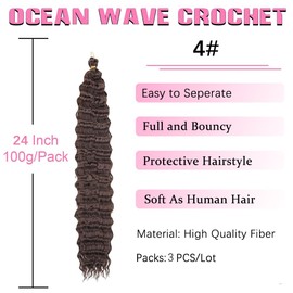 Ocean Wave Crochet Hair 3 Packs 24 Inch Deep Wave Wavy Braiding Hair Crochet Synthetic Braids Hair Extension for Black Women (24 Inches (Pack of 3), 4#)
