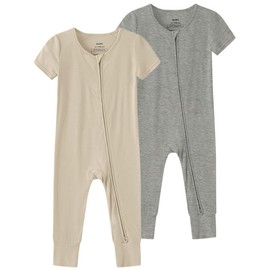 Baby Short Sleeve Romper Footless Pajamas Viscose from Bamboo Infant Toddler Zippy Pjs - 0-24 Months (Beige & Heather Grey, 3-6M)