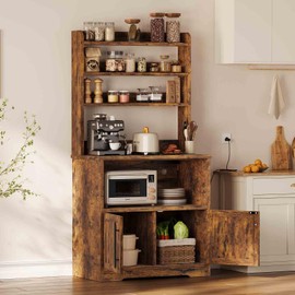 GarveeHome Microwave Stand Bakers Rack Cabinet, Farmhouse Bakers Rack with Power Outlet with Thickened Counter, Freestanding Small Kitchen Bakers Rack with Large Storage, Easy Assembly, Retro Brown