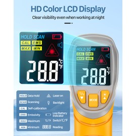 Eventek Infrared Thermometer, -50°C ~ 600°C Temperature Meter, 0.1-1.0 Adjustable Emissivity Laser Thermometer, Coloured HD Screen Thermometer for Kitchen, Pizza, Cooling, Industry, Yellow