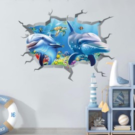 ANHUIB Wall Sticker Underwater World, Wall Sticker Fish Underwater World, 3D Wall Sticker for Sea, Wall Sticker Ocean Fish Sea Turtles, Wall Sticker Boys Children's Room Bathroom Wall Decoration