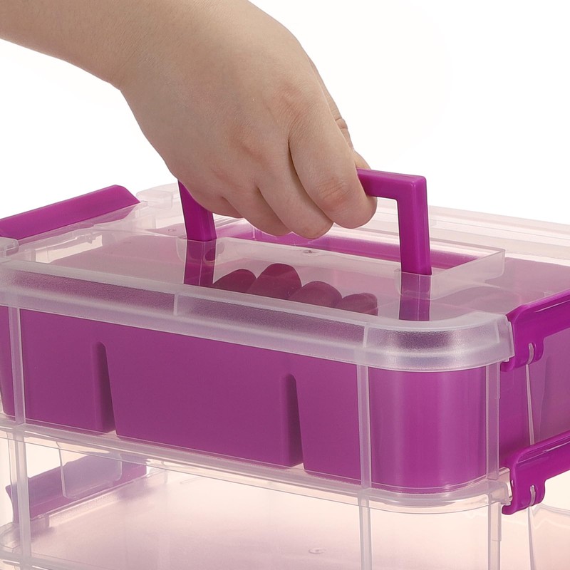 JUXYES 3-Tiers Stack Carry Storage Box With Divided Tray, Transparent