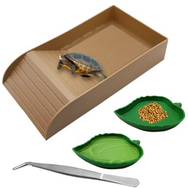 4Pcs Tortoise Feeding Dish with Ramp, Tortoise Water Dish, Reptile Water Bowl, Tortoise Habitat Accessories with Forcep Cleaning Clip Fit for Amphibians 14'' x 7.8'' x 2.3"