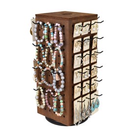 MOOCA Wooden Rotating Four-Sided Pegboard Jewelry Accessories Rack, Rotating Jewelry Display with a Lid for Large Inner Storage Space, 48 Removable Black Hooks, Brown Color