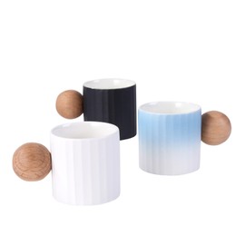Fire Kirin Ceramic Espresso Cups Set of 2, 2 oz Mini Espresso Cups, Round Wooden Handle Stripes Demitasse Cups for Tea or Coffee (2, White)