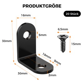 VOCIBO® Pack of 20 Angle Connectors Black Metal Angle 90 Degree 30 x 30 mm Stainless Steel Angle Small with Screw for Mounting Angle Bracket Furniture Table Chair Bookshelf