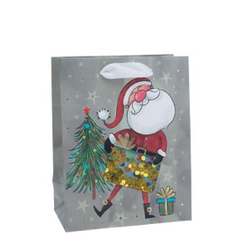 Boston International Gift Bag Christmas Holiday Gifting Paper Bags with Handles, Medium, Jolly Santa with Sequins