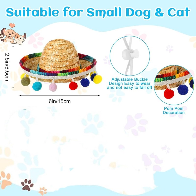 AIMALL Mexican Style Pet Bandana and Straw Hat Set, Colourful