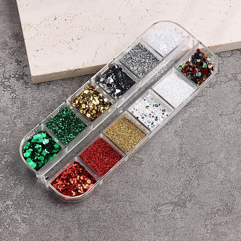 12 Grid/Boxes Christmas Nail Art Glitter Sequins Snowflake Nail Art
