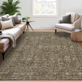 Vintage Rug for Living Room 8x10 Large Oriental Accent Carpet, Non-Shedding Traditional Floor Cover, Washable Thin Indoor Carpet, Easy to Clean, for Bedroom, Office, Dining Room, Camel