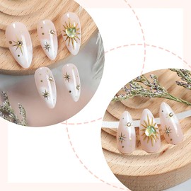 RUOKEXIN Almond Press on Nails Medium Fake Nails Ombre False Nails with Gold Star Designs Sparkly Artificial Nails Heart Glue on Nails Cute Stick on Nails for Women 24Pcs