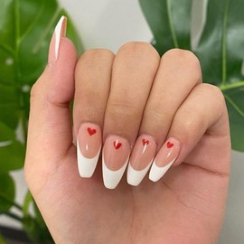 24PCS Valentines Medium False Nails with Glue Stickers,Coffin Full Cover Acrylic Nails Press on Nails no Glue,White Love French Fake Nails Stick on Nails Valentines Gifts for her Nail Art.